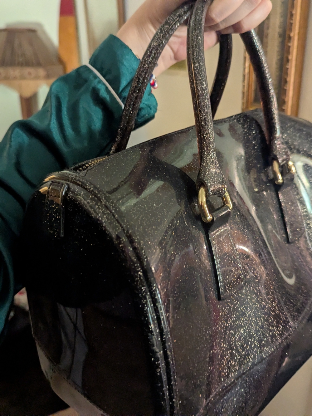 Glitter Black Dome Satchel Handbag